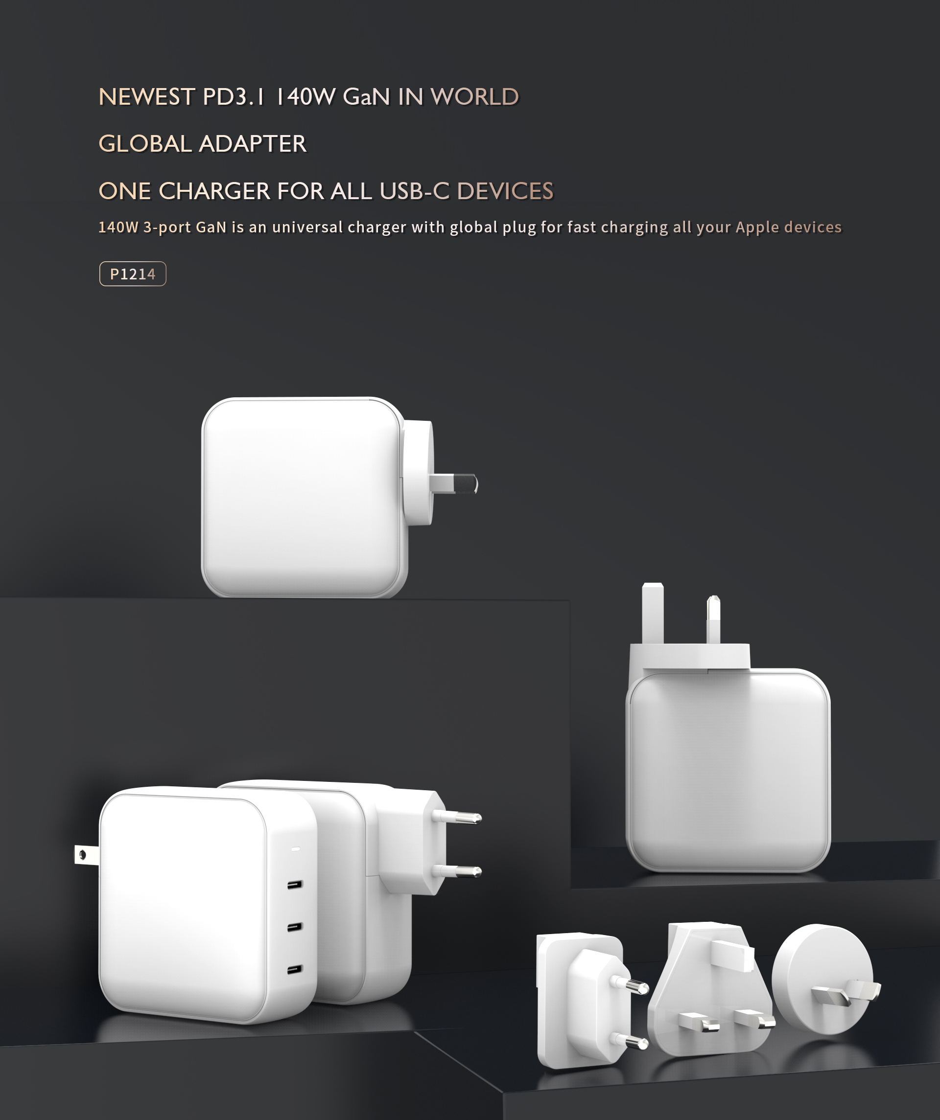 Foldable 140W PD3.1 3 Ports Type-C GaN PD Wall charger(US, EU, UK, AU ...